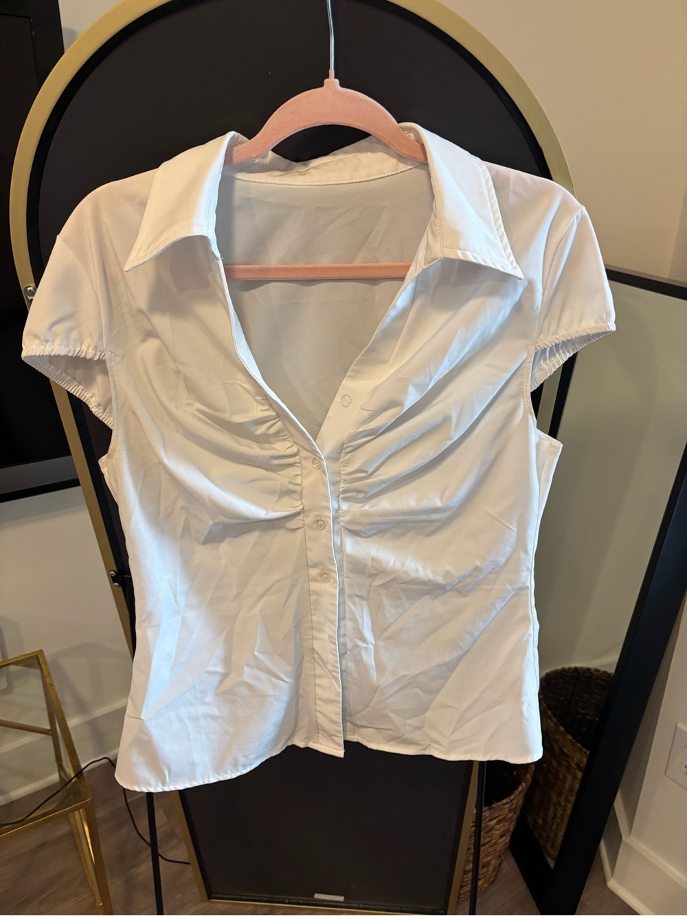 SHEIN White Short Sleeve Ruched Button-Front Shirt